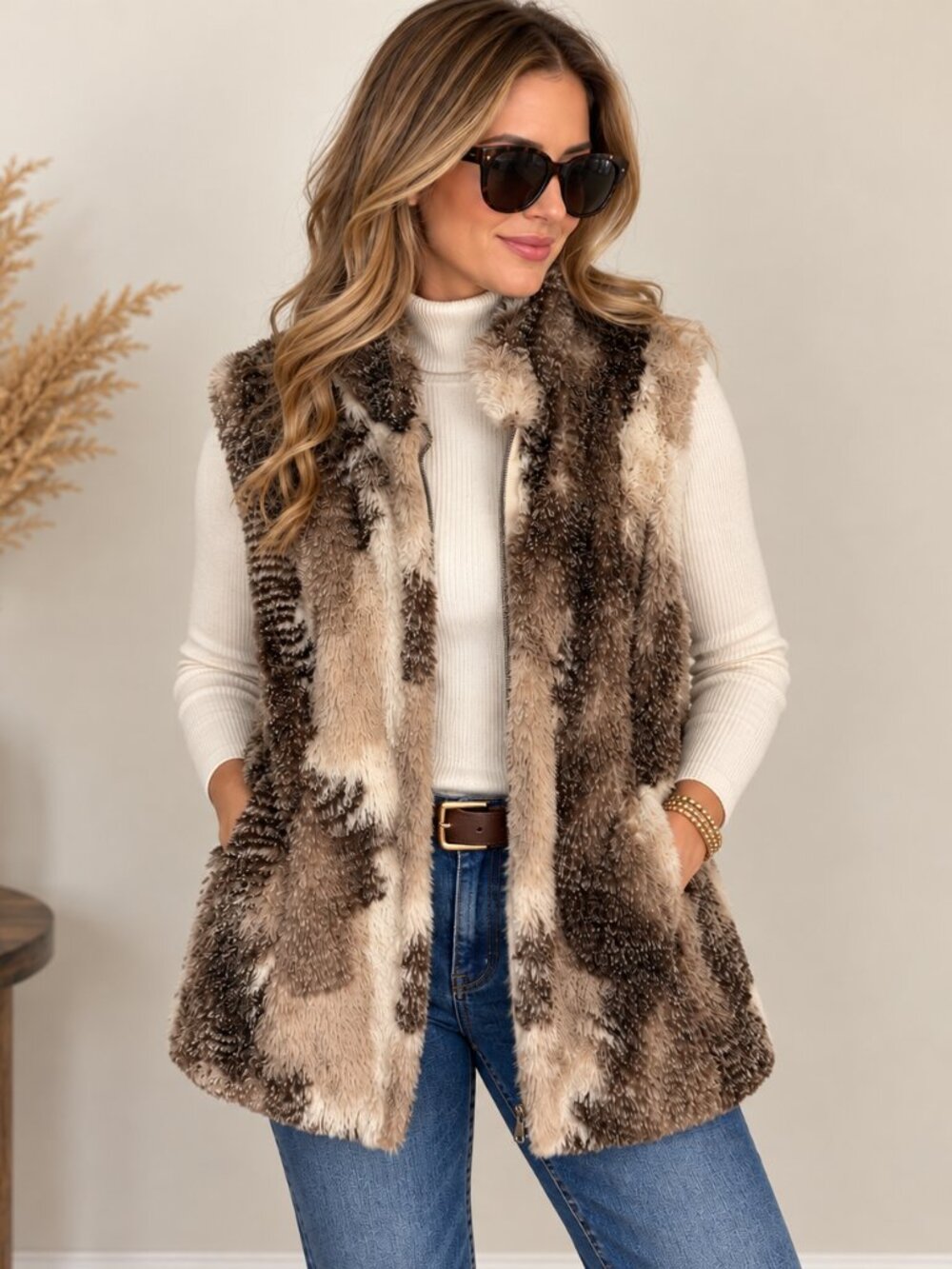 Cabi Faux Fur Vest XS Brown Cream Patchwork Full Zip Pockets Boho Cozy